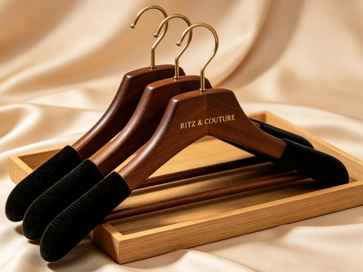 Flocked shoulder wooden hangers produced for a German fashion brand