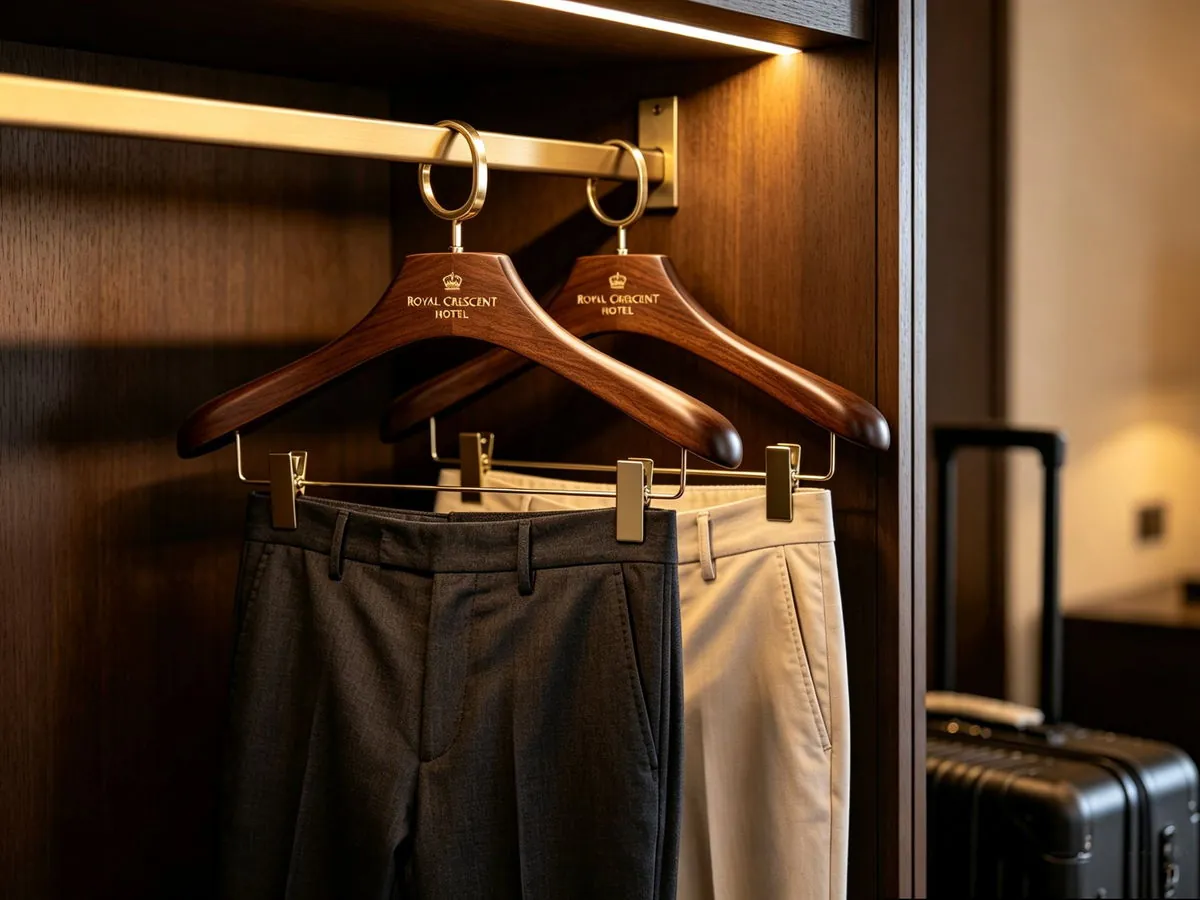 Solid wood trouser hangers supplied for luxury hotel wardrobes